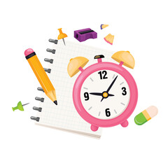 Composition with stationery and clock.
