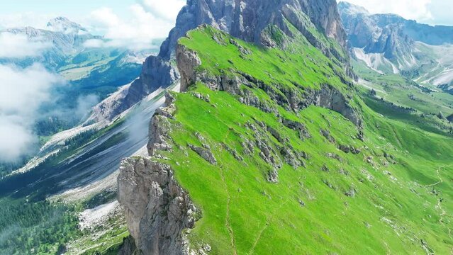 Aerial footage of Seceda in South Tyrol, Dolomites, Italy