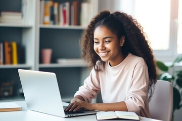 Happy African American teen student elearning at home on pc, writing notes. Smiling teenage girl using laptop watching webinar, hybrid learning english online virtual class, sitting at home table - obrazy, fototapety, plakaty