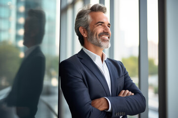 Happy proud prosperous mid aged mature professional latin business man ceo executive wearing suit standing in office arms crossed looking away thinking of success, leadership, side profile view.