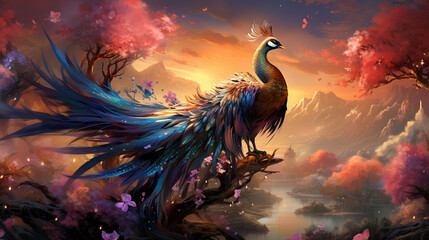Picture a whimsical scene where a charming phoenix, its feathers a playful mix of pastel pink and gold, frolics in a sky filled with fluffy, - obrazy, fototapety, plakaty