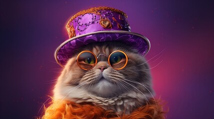 Cute cat in a purple hat on a magical background