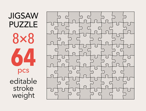 Empty jigsaw puzzle grid template, 8x8 shapes, 64 pieces. Separate matching puzzle elements. Flat vector illustration layout, every piece is a single shape.