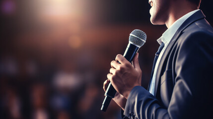 Motivational male speaker with a microphone presenting on stage, close-up.




Generative AI