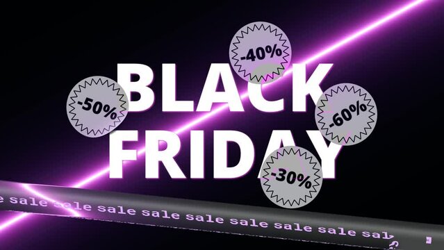 Animation black friday sale with 3d discount stickers and neon background