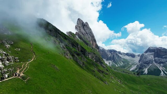 Aerial footage of Seceda in South Tyrol, Dolomites, Italy