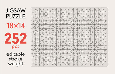 Empty jigsaw puzzle grid template, 18x14 shapes, 252 pieces. Separate matching puzzle elements. Flat vector illustration layout, every piece is a single shape.