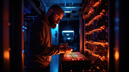 An IT technician is setting up a complex supercomputer system using a digital tablet beside a server cabinet