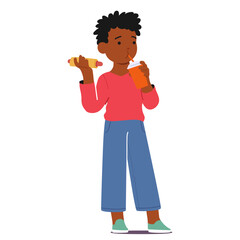 Child Boy Character Enthusiastically Munching On A Hot Dog And Soda Drink, Eyes Bright With Delight, Relishing The Taste