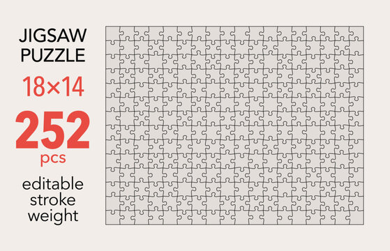 Empty jigsaw puzzle grid template, 18x14 shapes, 252 pieces. Separate matching puzzle elements. Flat vector illustration layout, every piece is a single shape.
