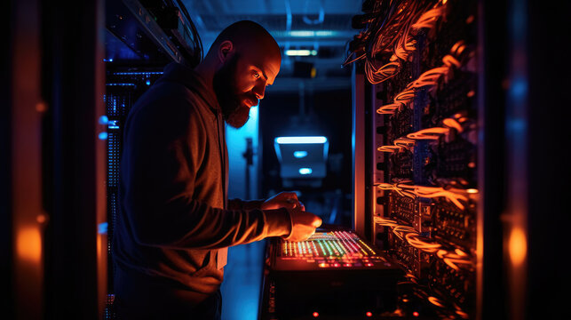 An IT technician is setting up a complex supercomputer system using a digital tablet beside a server cabinet