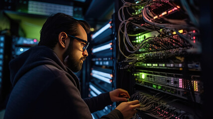 An IT technician is setting up a complex supercomputer system using a digital tablet beside a server cabinet