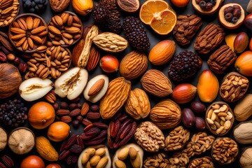 nuts and dried fruits - obrazy, fototapety, plakaty