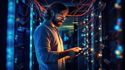 An IT technician is setting up a complex supercomputer system using a digital tablet beside a server cabinet