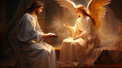 Biblical Annunciation: Ancient Belief of the Angel Gabriel's Appearance to Mary in Christian Scriptures. Generative AI
