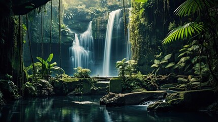 Breathtaking Tegenungan Waterfall at Bali's Majestic Eden - Tropical Jungle, Palms, and Magic in the Evening Light: Generative AI - obrazy, fototapety, plakaty