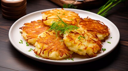 Delicious Hash Brown Breakfast Meal on White Plate - Fried Potato Vegetable Perfect for Breakfast (16:9 aspect ratio): Generative AI - obrazy, fototapety, plakaty