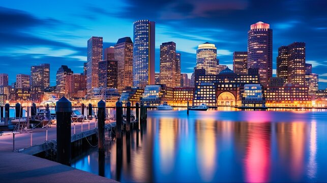 Boston Harbor Twilight: Skyline of Financial District and Urban Architecture in Downtown Massachusetts. Generative AI