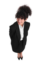 Beautiful businesswoman in suit on white background, above view