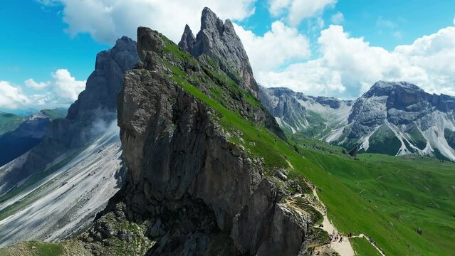 Aerial footage of Seceda in South Tyrol, Dolomites, Italy