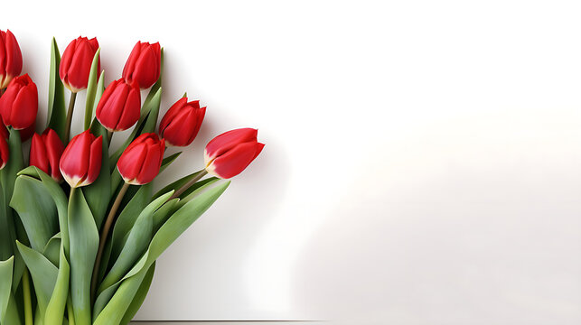 A bunch of red tulips on white background with copy space for presentation banner and backgroud.
