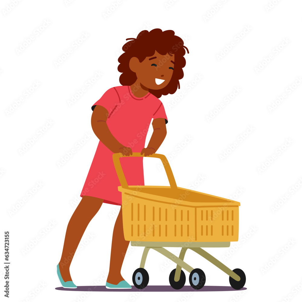 Wall mural Girl Pushing A Supermarket Trolley , Little Black Child Character Browsing Aisles, Carefully Selecting Items, Vector