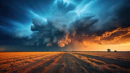 Dark ominous clouds in front of a hurricane over a green field. Stunning texture photo of thunderclouds. Unfavorable weather conditions. Wallpaper force of nature.