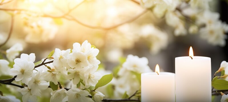 beautiful flowering tree with burning white candles decoration
