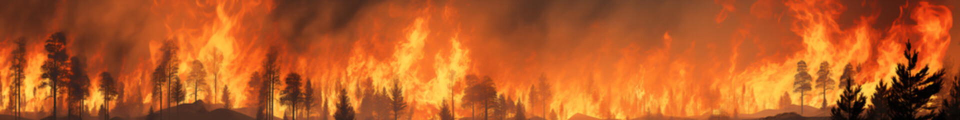 Fototapeta na wymiar Forest fire, vast expanses of pine trees are consumed during the dry period. Wildfire rages through the woods. Illustrating the notion of global catastrophes on our planet.Generative AI