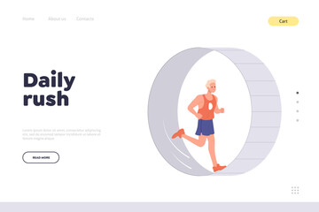 Daily rush landing page design template with sportsman male athlete running like squirrel in wheel