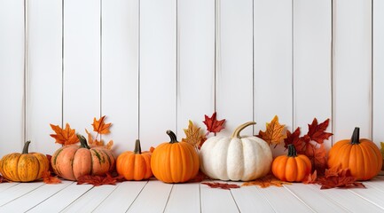 Festive autumn decor from pumpkins, berries and leaves on a white wooden background. Concept of Thanksgiving day or Halloween. - obrazy, fototapety, plakaty