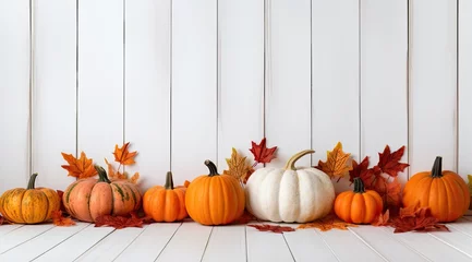 Fototapeten Festive autumn decor from pumpkins, berries and leaves on a white wooden background. Concept of Thanksgiving day or Halloween. © lililia