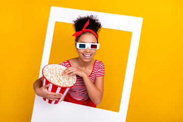 Photo of cheerful beautiful teenager girl eat popcorn watch movie 3d glasses inside album set card...