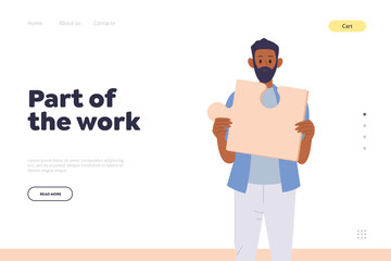 Landing page design template with pensive thoughtful employee character ready to do part of work