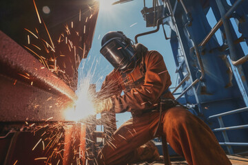 A skilled specialized worker in welding is repairing metal structures on an offshore oil plant.