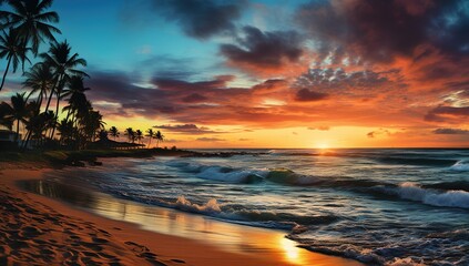 Fantastic close-up view of calm waves of sea water with orange sunlight at sunset. Tropical island beach landscape, exotic shore coast. Summer holidays, rest 