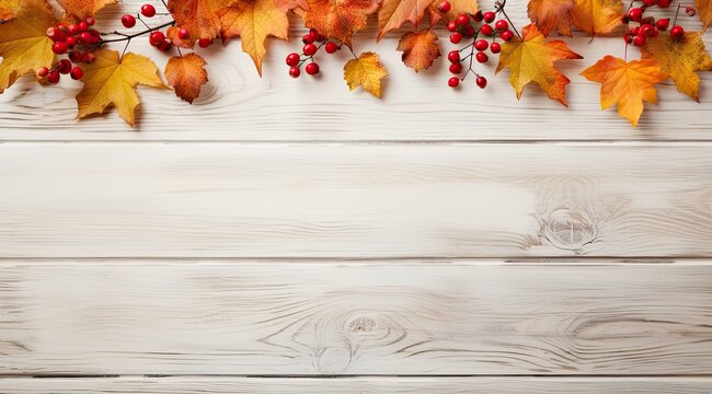 Festive autumn decor from pumpkins, berries and leaves on a white wooden background. Concept of Thanksgiving day or Halloween.
