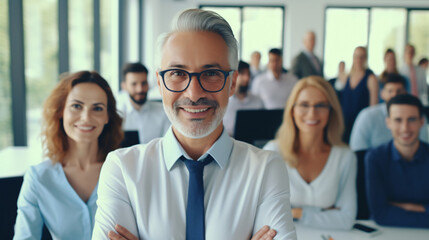 Fototapeta premium Confident individuals with colleagues during an office meeting. Portrait of a successful business team at a contemporary office, facing the camera.Generative AI