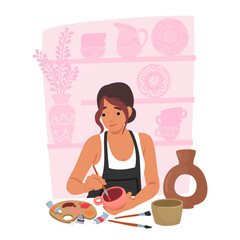 Focused Artist Female Character Skillfully Paints Intricate Designs On Handmade Pottery, Blending Creativity