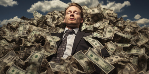 A rich businessman laying on a bed of money. Buried in money. Corporate excess, financial collapse, destruction and greed. Sleeping peacefully during a financial crisis. Wealth inequality. - obrazy, fototapety, plakaty