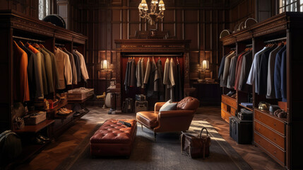 Obraz na płótnie Canvas Luxury male wardrobe, showcasing an array of exclusive suits, shoes, and garments