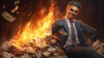 A businessman sitting beside a pile of burning money. Corporate greed, mismanagement and destruction of capital. Wealth management. Hedge fund abuse. - obrazy, fototapety, plakaty