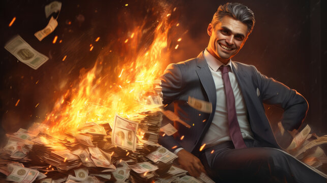 A businessman sitting beside a pile of burning money. Corporate greed, mismanagement and destruction of capital. Wealth management. Hedge fund abuse.