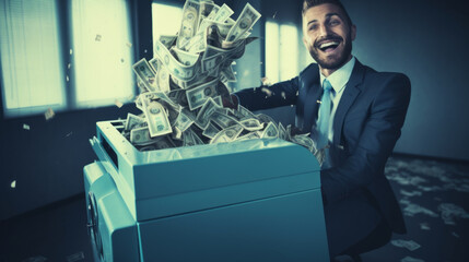 A businessman excitedly and happily printing money, or shredding money. Corporate excess and greed. Illegal methods. Legal grey area. Shareholders and financial collapse and destruction of wealth.