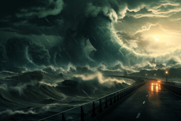 Apocalyptic dramatic backdrop with giant tsunami waves, a dark and stormy sky, and a tornado. Massive tsunami and towering waves - obrazy, fototapety, plakaty