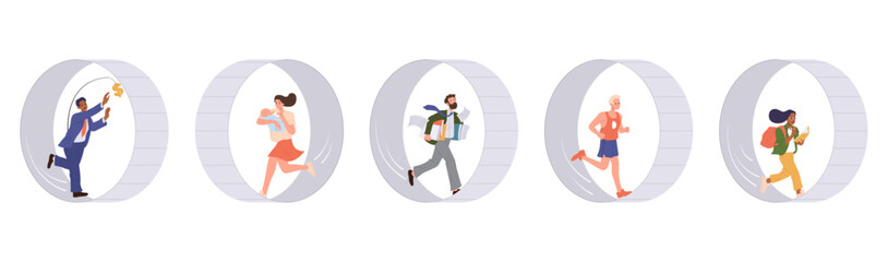 Isolated set of different people running fast trapped in rat race of toxic daily work and study routine