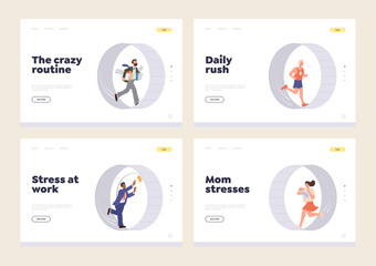 Crazy work routine, daily rush, mom and employee stress concept for landing page design template