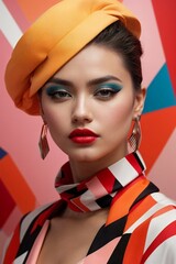 A woman in a vibrant outfit and a stylish yellow hat