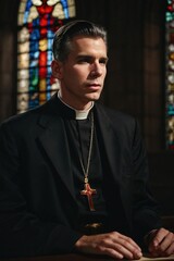 A priest sitting in front of a beautiful stained glass window