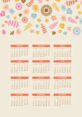 Cute retro styled 2024 calendar. Week starts on Sunday. Vector design template, ready to print.